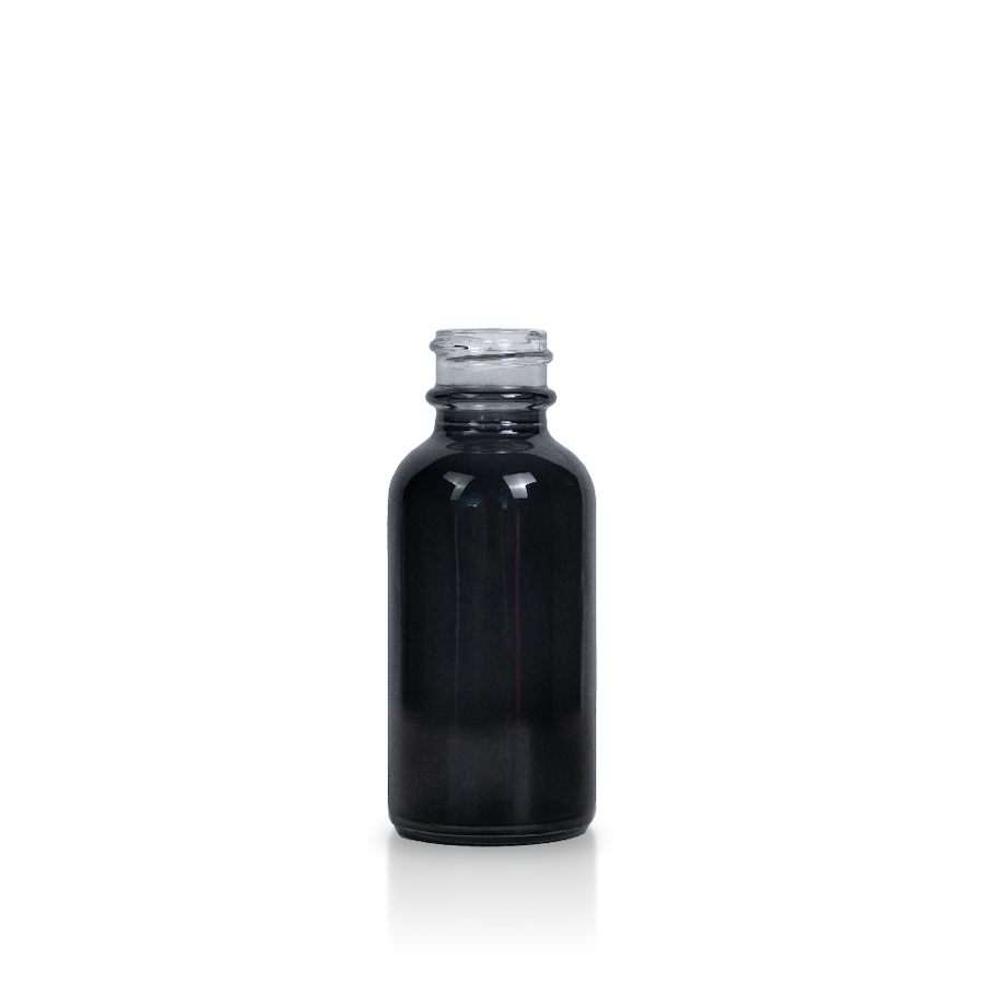 1-oz-boston-round-glass-bottle-20-400-neck-transparent-black 1 oz Transparent Black Boston Round Glass Bottle with 20-400 Neck Finish