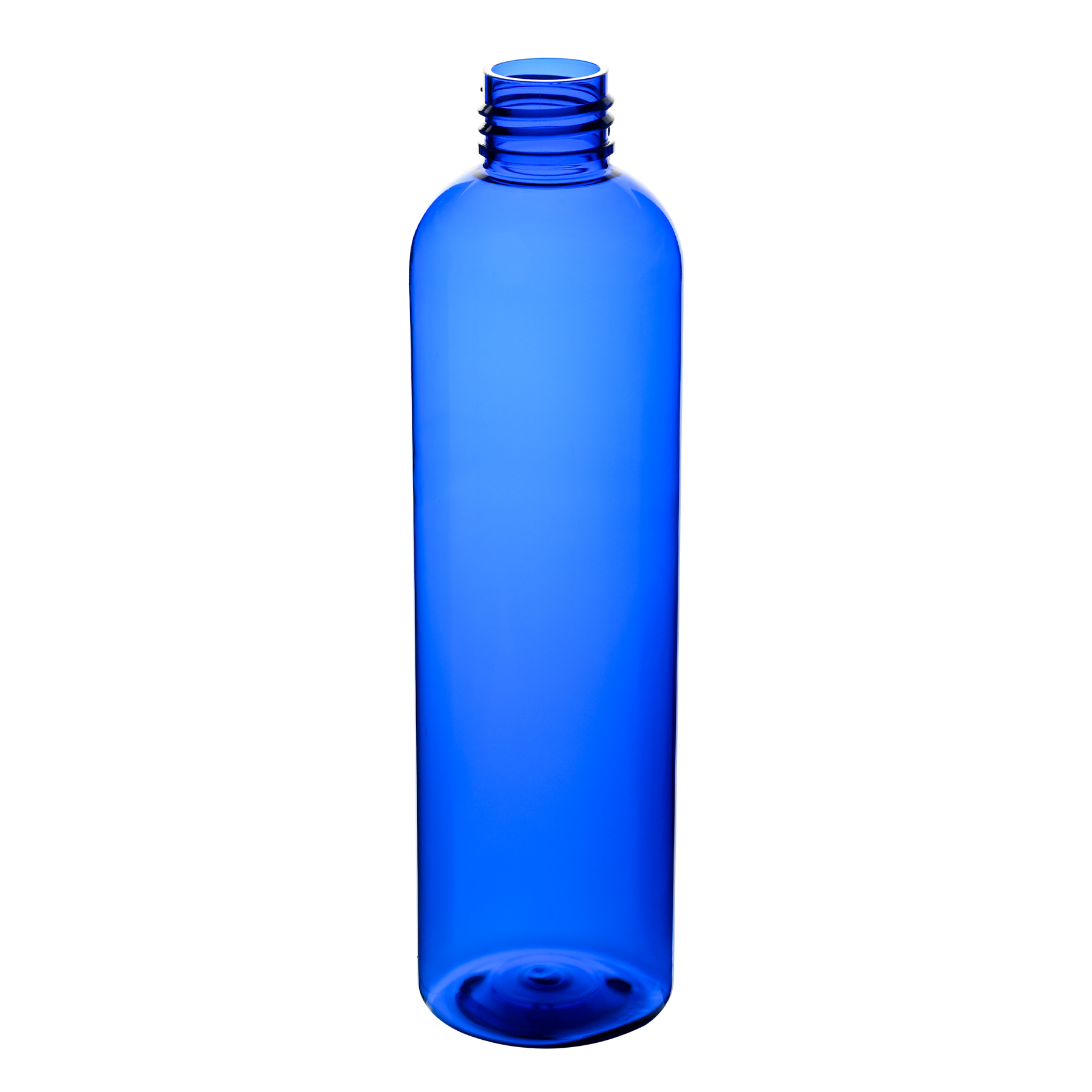 8 oz Cobalt Blue PET Cosmo Round Bottle 24-410 Neck Finish tilted view