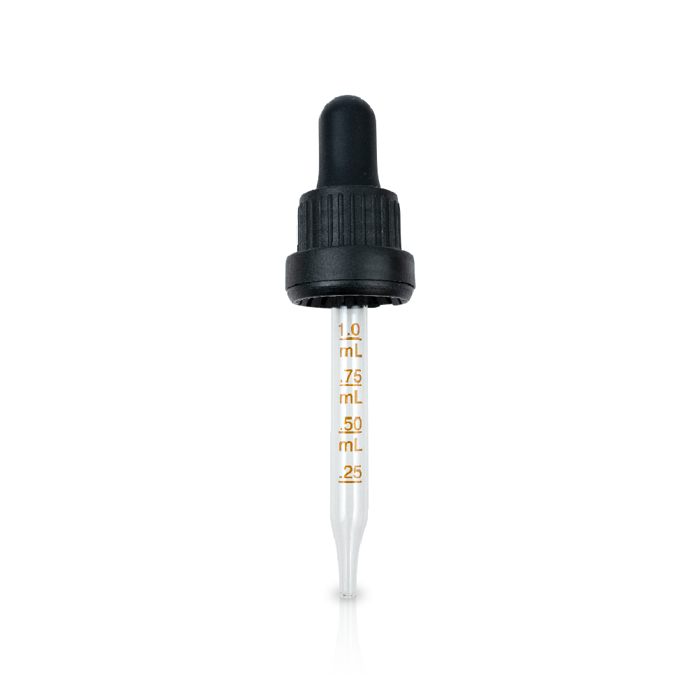 GB06D-018 / 77mm Black (Dropper Printing) (LF) (LB) 1 oz Black Graduated Medical Grade Glass Dropper with Tamper Evident Seal and Long Bulb (18-400)(Heavy Duty)