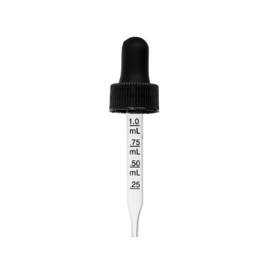 18-400 Black PP Plastic Ribbed Skirt Dropper with 65mm Straight Graduated Glass Pipette