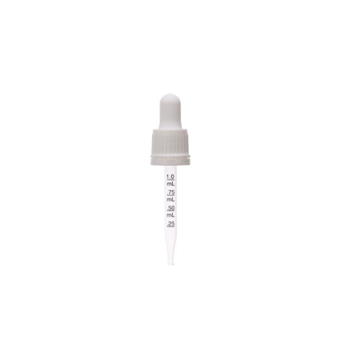 18-415 White PP Plastic Tamper Evident Ribbed Skirt Dropper with 77mm Straight Graduated Glass Pipette