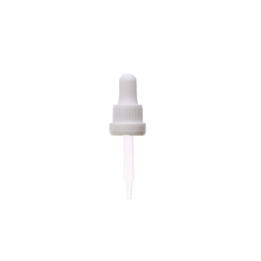 18-415 White PP Plastic Heavy Duty Tamper Evident Ribbed Skirt Dropper with 65mm Straight Glass Pipette