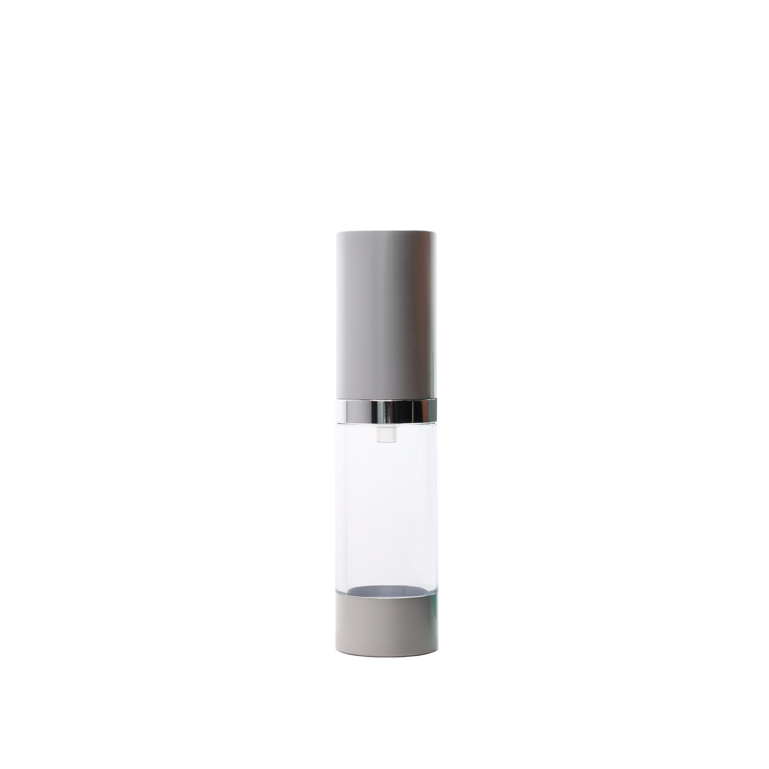 A0427152101 closed 15ml Clear AS Plastic Bottles with 27mm Matte Silver Aluminum Airless Pump and Overcap