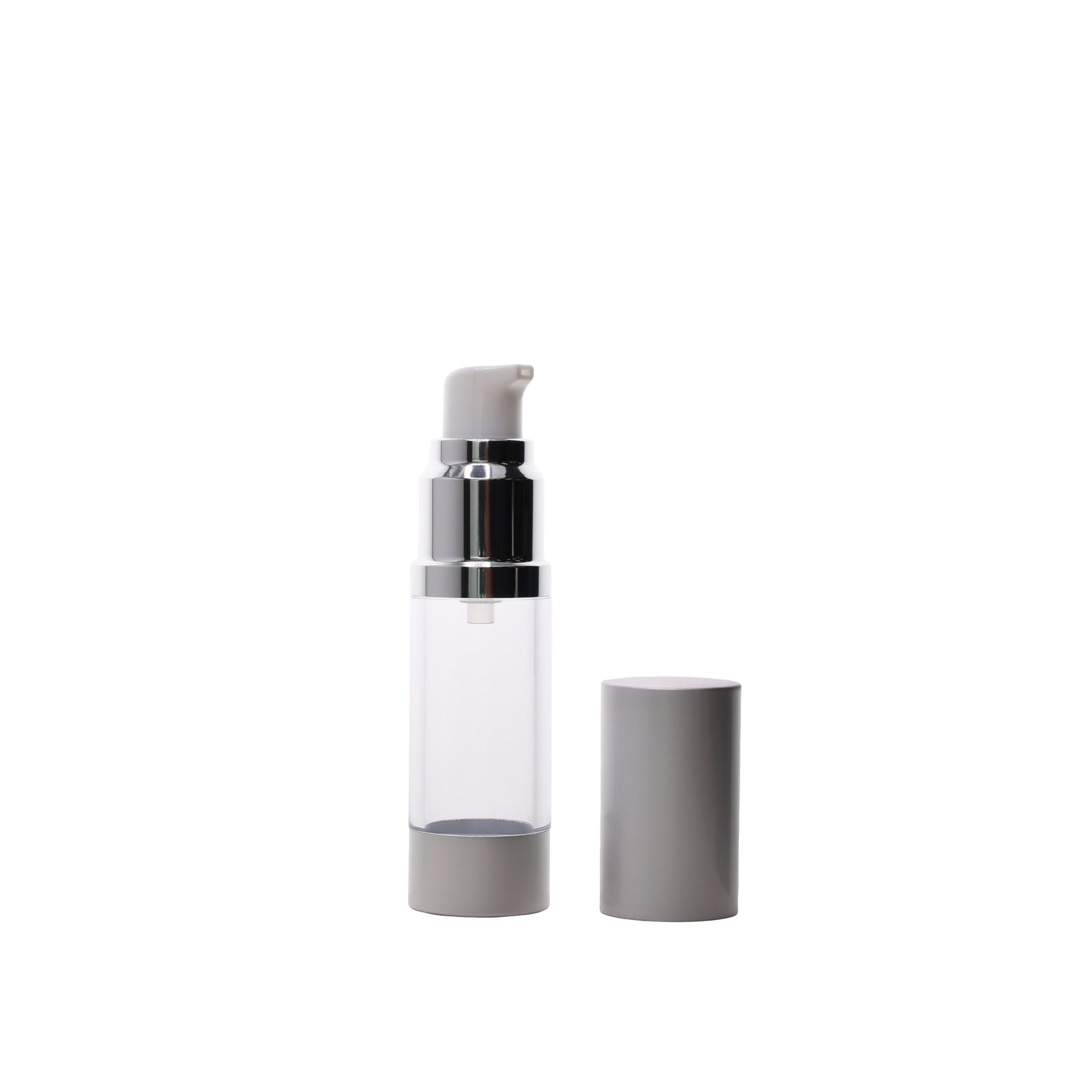 A0427152101 15ml Clear AS Plastic Bottles with 27mm Matte Silver Aluminum Airless Pump and Overcap