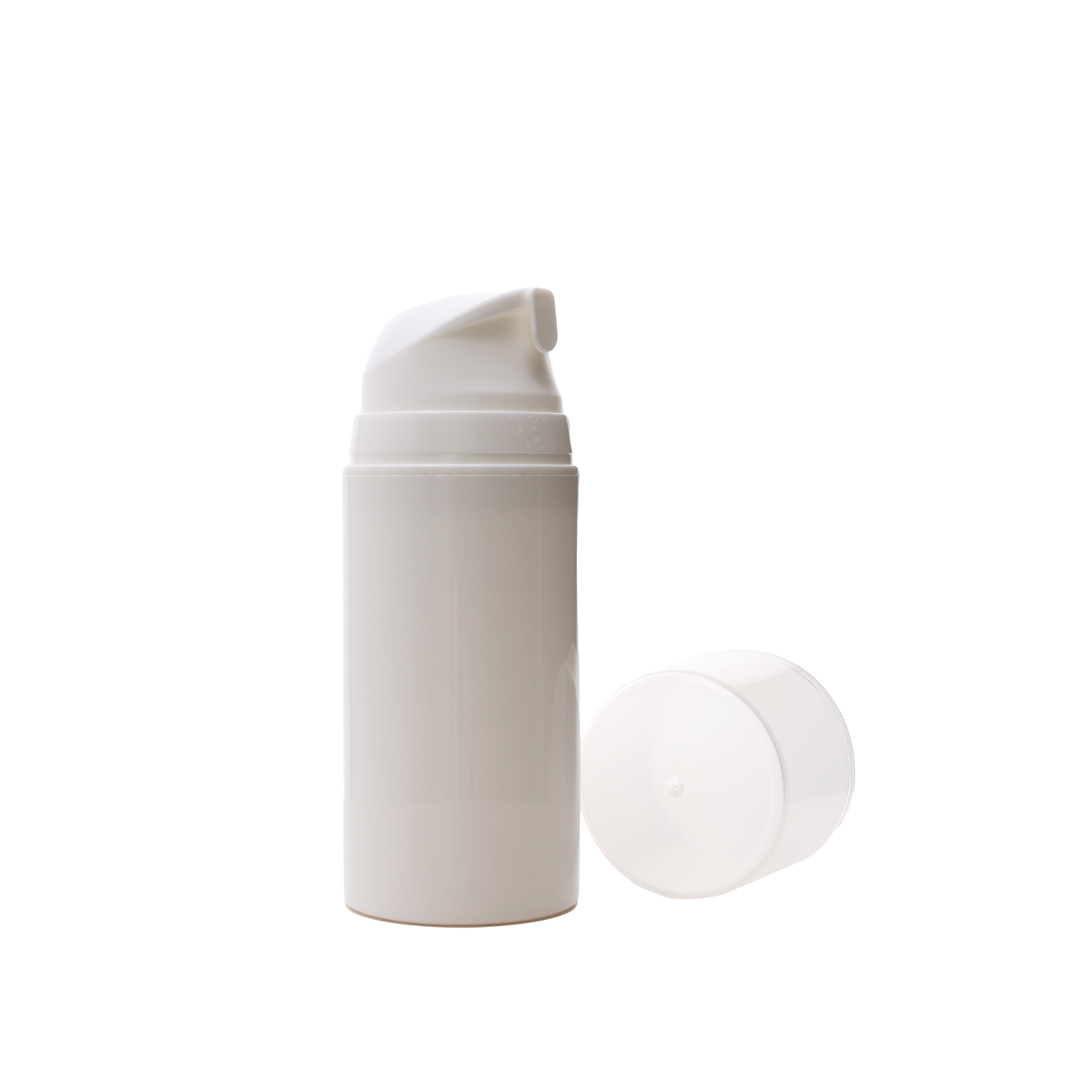 A10481000102 100ml White PP Plastic Airless Bottles with 48mm White Airless Pump & Clear Overcap