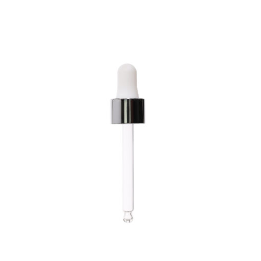 18-400 Shiny Silver Dropper with Matte White Rubber Bulb 77mm Bulb Tip Glass Pipette