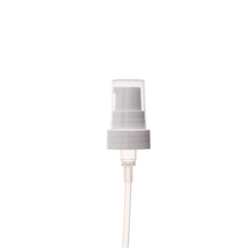 22-400 White Smooth Skirt Treatment Pump with 115mm Dip Tube and Clear Overcap - view with cap