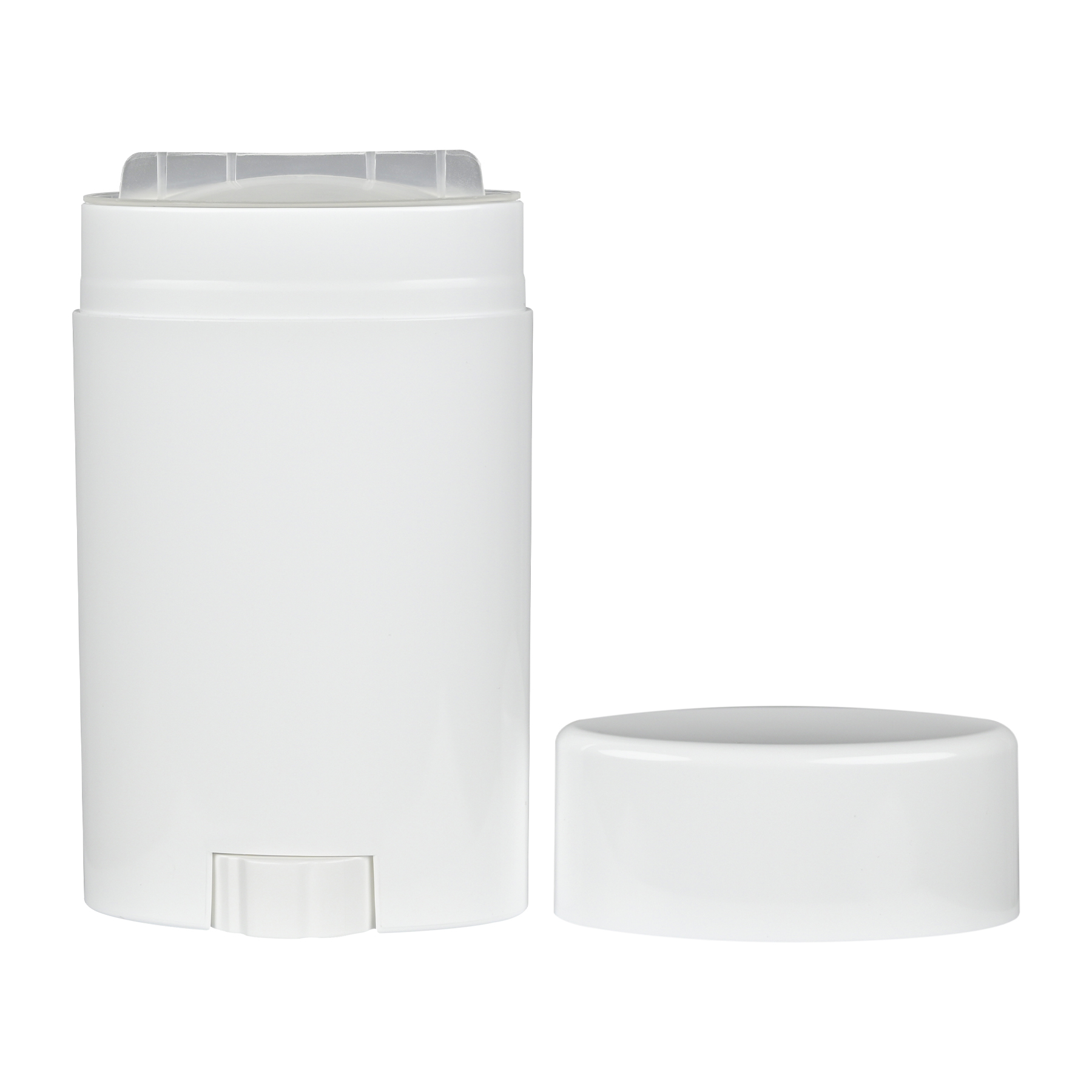 FC087502-210(1) 75g Oval White PP Plastic Deodorant Stick with White Flat Top Cap, cap removed