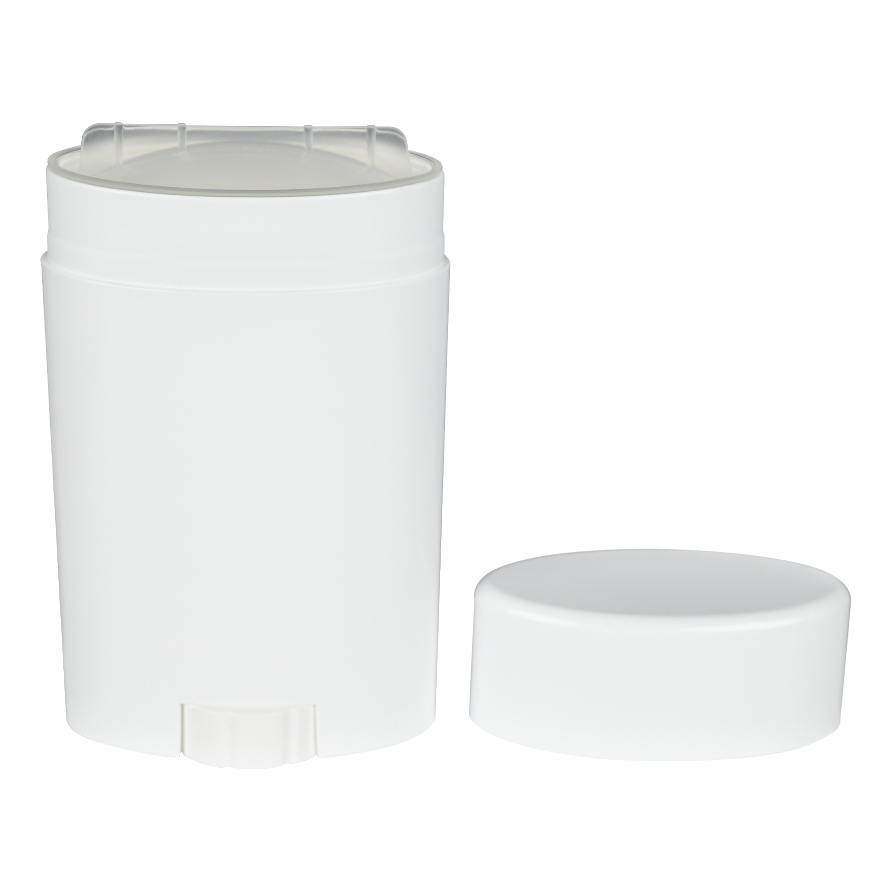 FC087502-210(2) 75g Oval White PP Plastic Deodorant Stick with White Flat Top Cap, cap removed tilted view