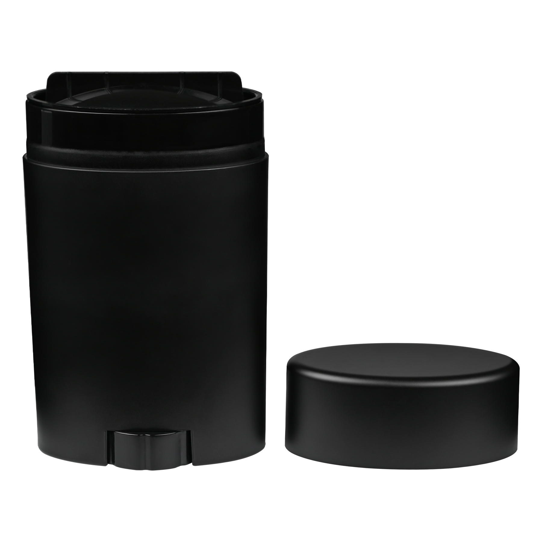 FC087513(2) (1) 75g Oval Matte Black PP Plastic Deodorant Stick with Matte Black Flat Top Cap, cap removed tilted view