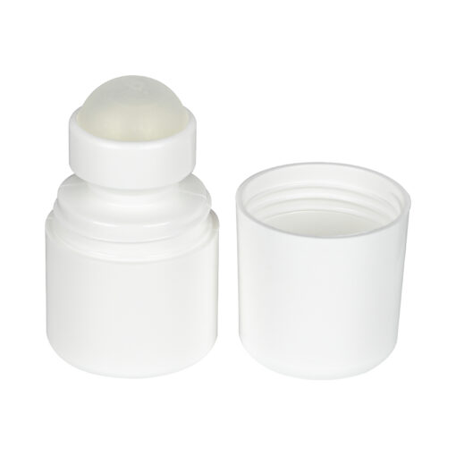 1 oz White HDPE Roll-on Bottle w/ PP Plastic Cap and PP Plastic Roller Ball, tilted view wiht cap removed
