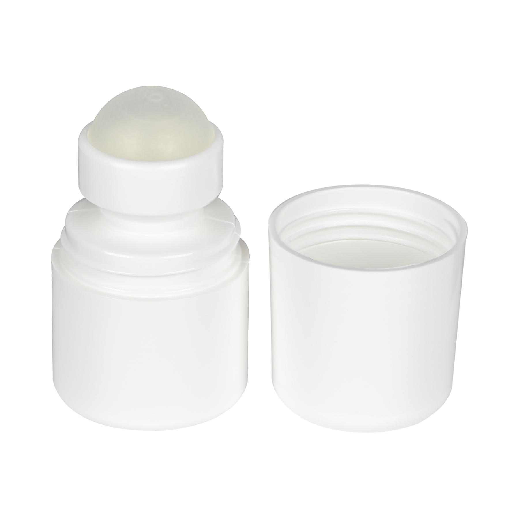 1 oz White HDPE Roll-on Bottle w/ PP Plastic Cap and PP Plastic Roller Ball, tilted view wiht cap removed