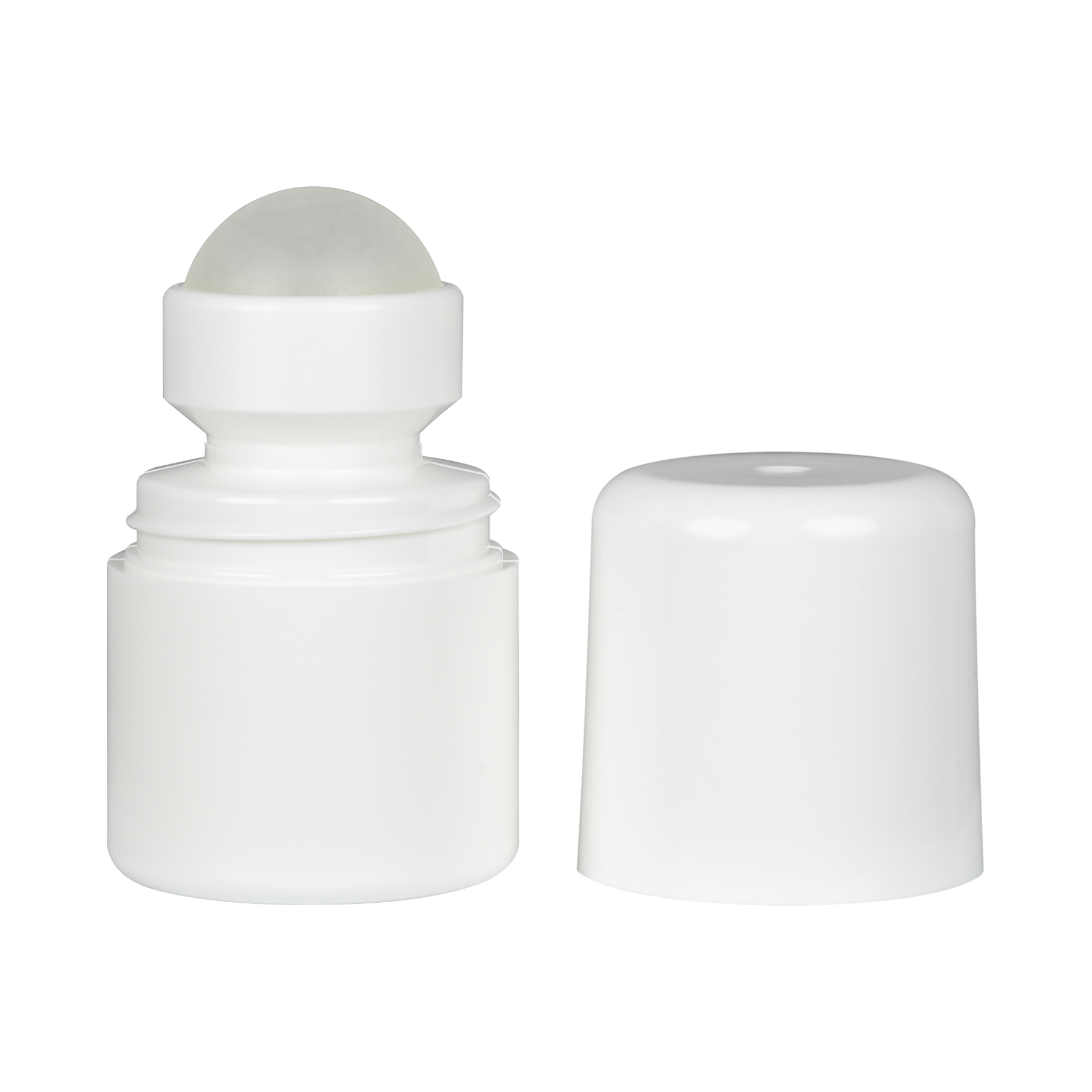 1 oz White HDPE Roll-on Bottle w/ PP Plastic Cap and PP Plastic Roller Ball, side view with cap removed