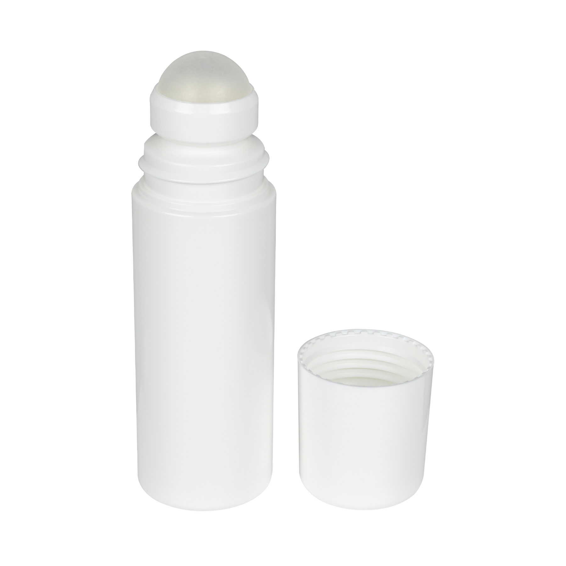 FC1039302-set(2) 3oz White HDPE Roll-on Bottle w/ PP Plastic Cap and PP Plastic Roller Ball, cap removed tilted view