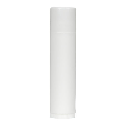 0.15 oz White PP Plastic Round Lip Balm tube with White Flat Press On Cap on bottle, side view