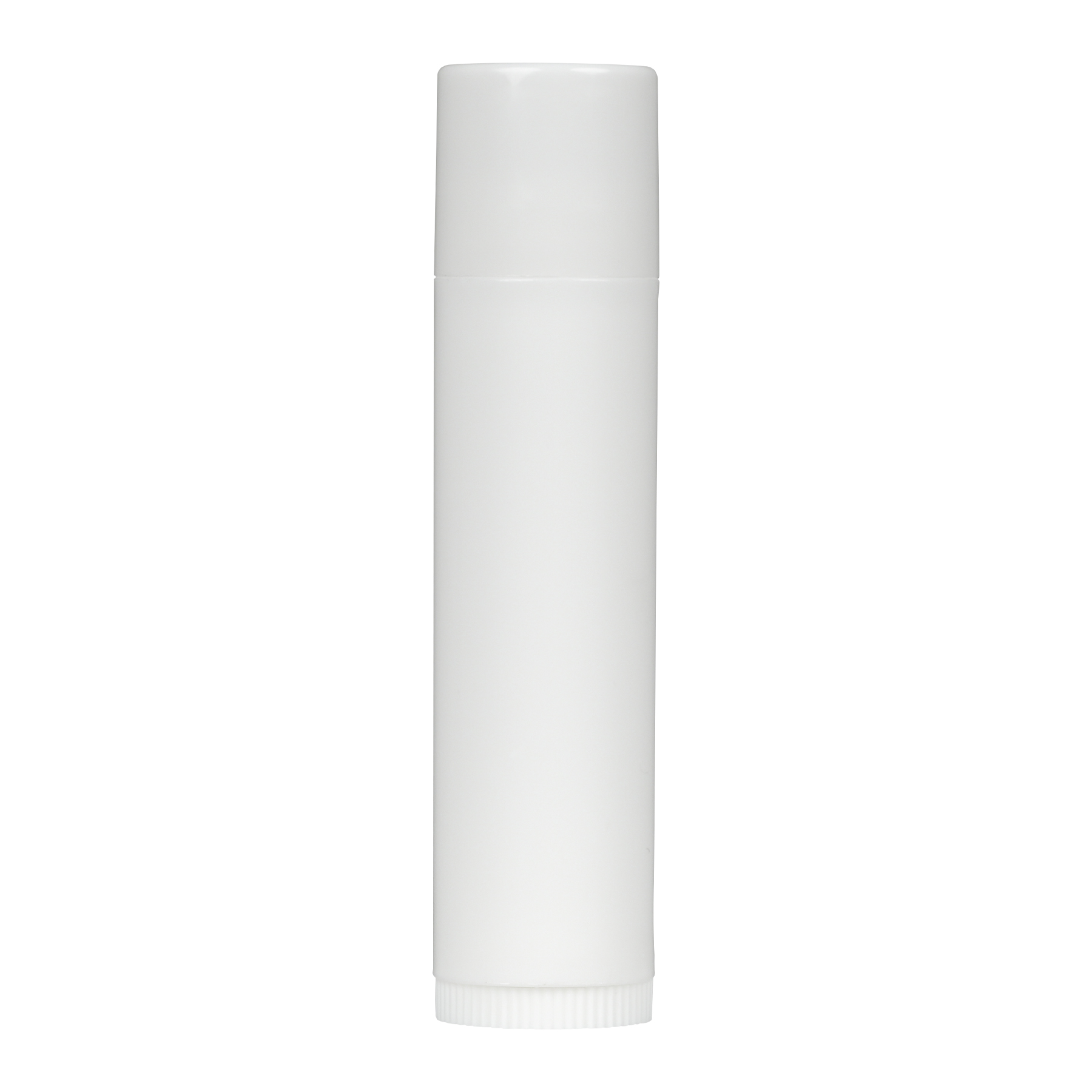0.15 oz White PP Plastic Round Lip Balm tube with White Flat Press On Cap on bottle, side view