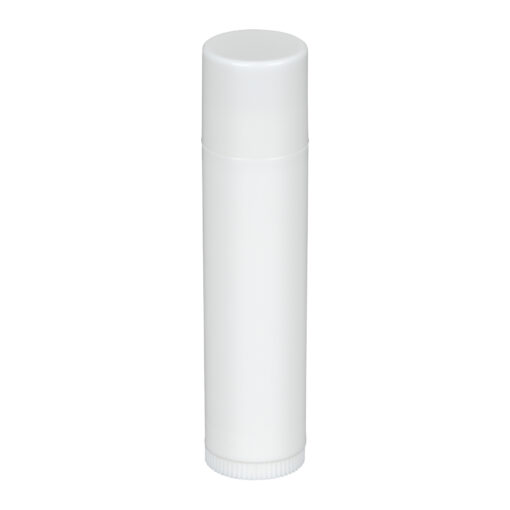 0.15 oz White PP Plastic Round Lip Balm tube with White Flat Press On Cap on bottle, tilted