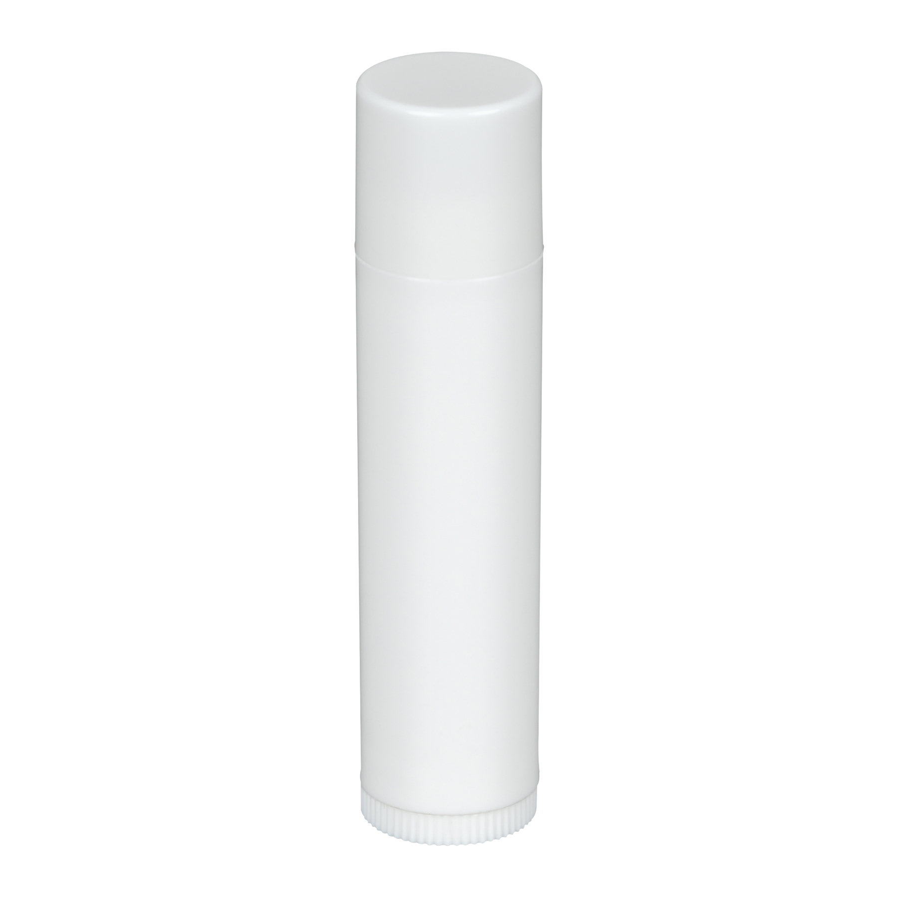 0.15 oz White PP Plastic Round Lip Balm tube with White Flat Press On Cap on bottle, tilted