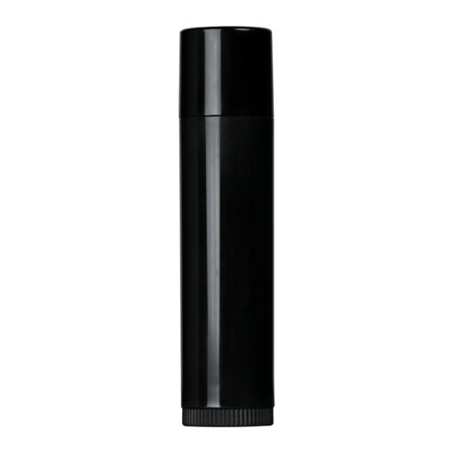 0.15 oz Black PP Plastic Round Lip Balm tube with Black Flat Press On Cap on bottle, side view