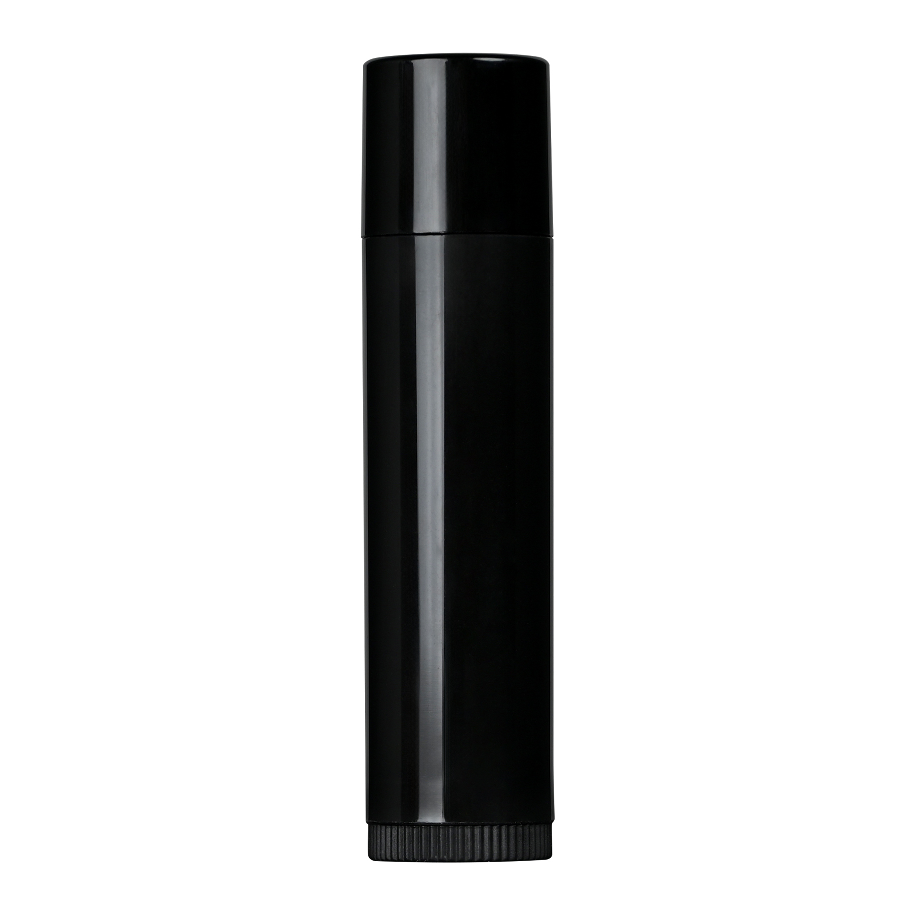 FC110503 0.15 oz Black PP Plastic Round Lip Balm tube with Black Flat Press On Cap on bottle, side view