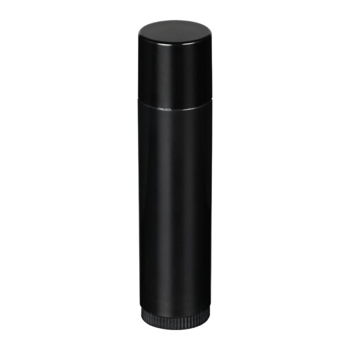 0.15 oz Black PP Plastic Round Lip Balm tube with Black Flat Press On Cap on bottle, tilted