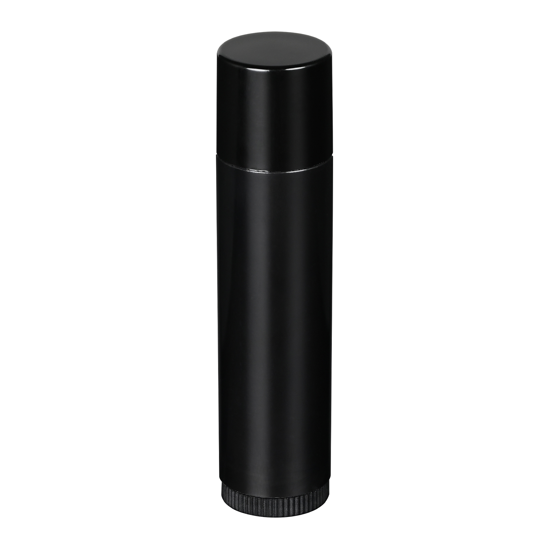 FC110503(1) 0.15 oz Black PP Plastic Round Lip Balm tube with Black Flat Press On Cap on bottle, tilted