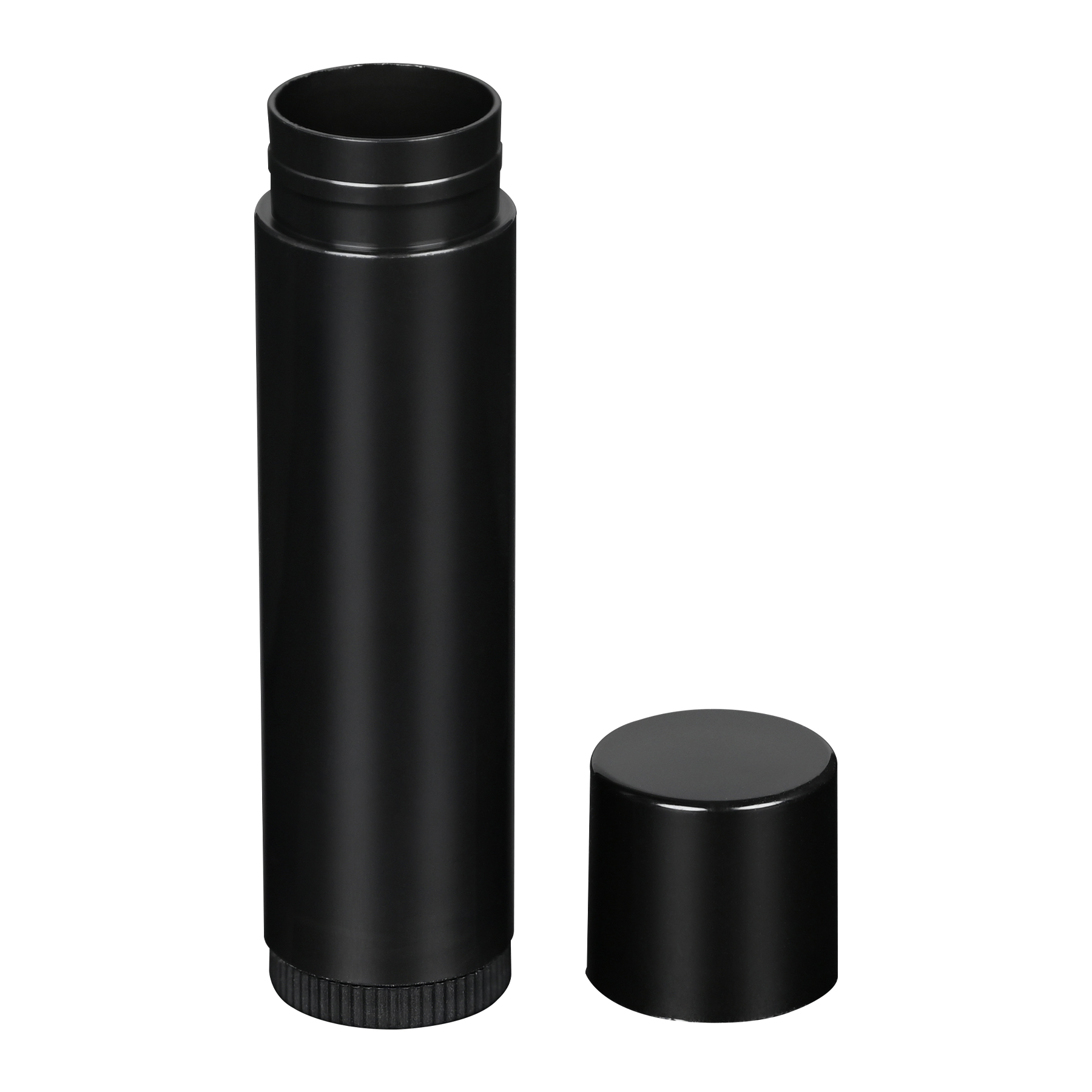 FC110503(2) 0.15 oz Black PP Plastic Round Lip Balm tube with removed Black Flat Press On Cap