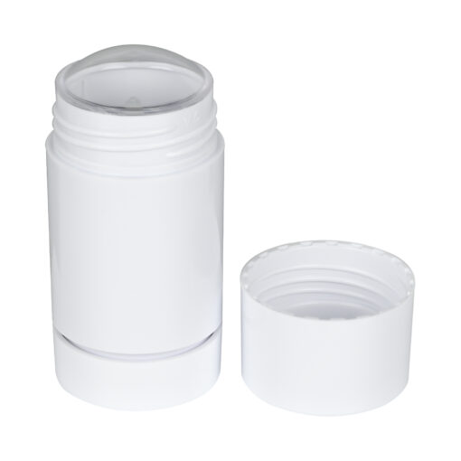 30g White Plastic Twist Up Solid Stick with White Screw Cap & Disc, cap off tilted view