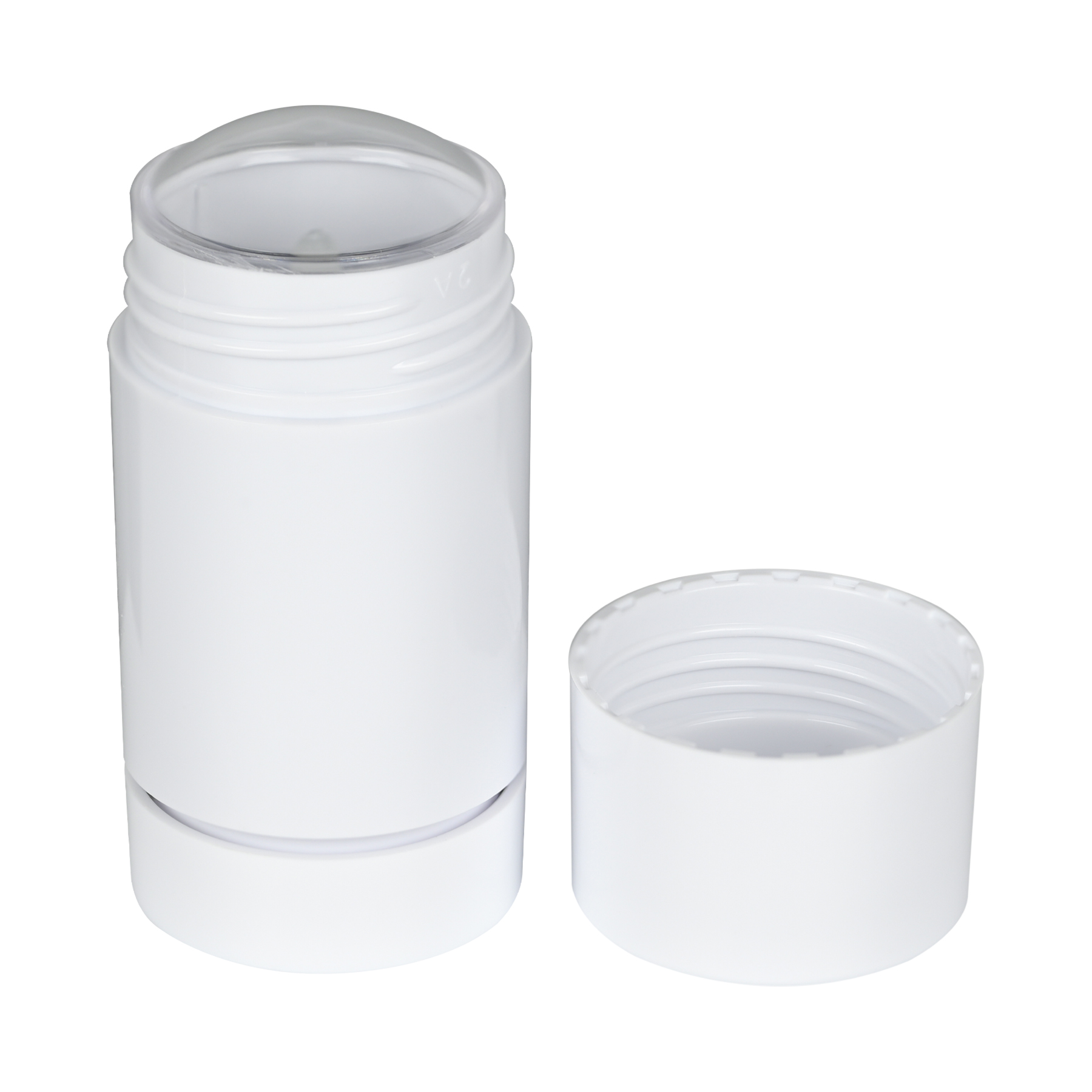 FC123002(2) 30g White Plastic Twist Up Solid Stick with White Screw Cap & Disc, cap off tilted view