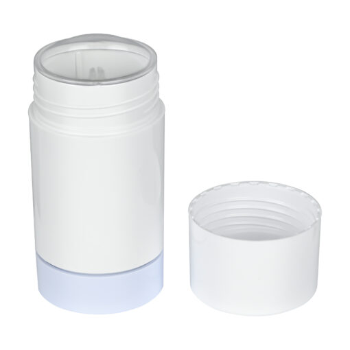 50g White Plastic Twist Up Solid Stick with White Screw Cap & Disc, cap removed tilted view