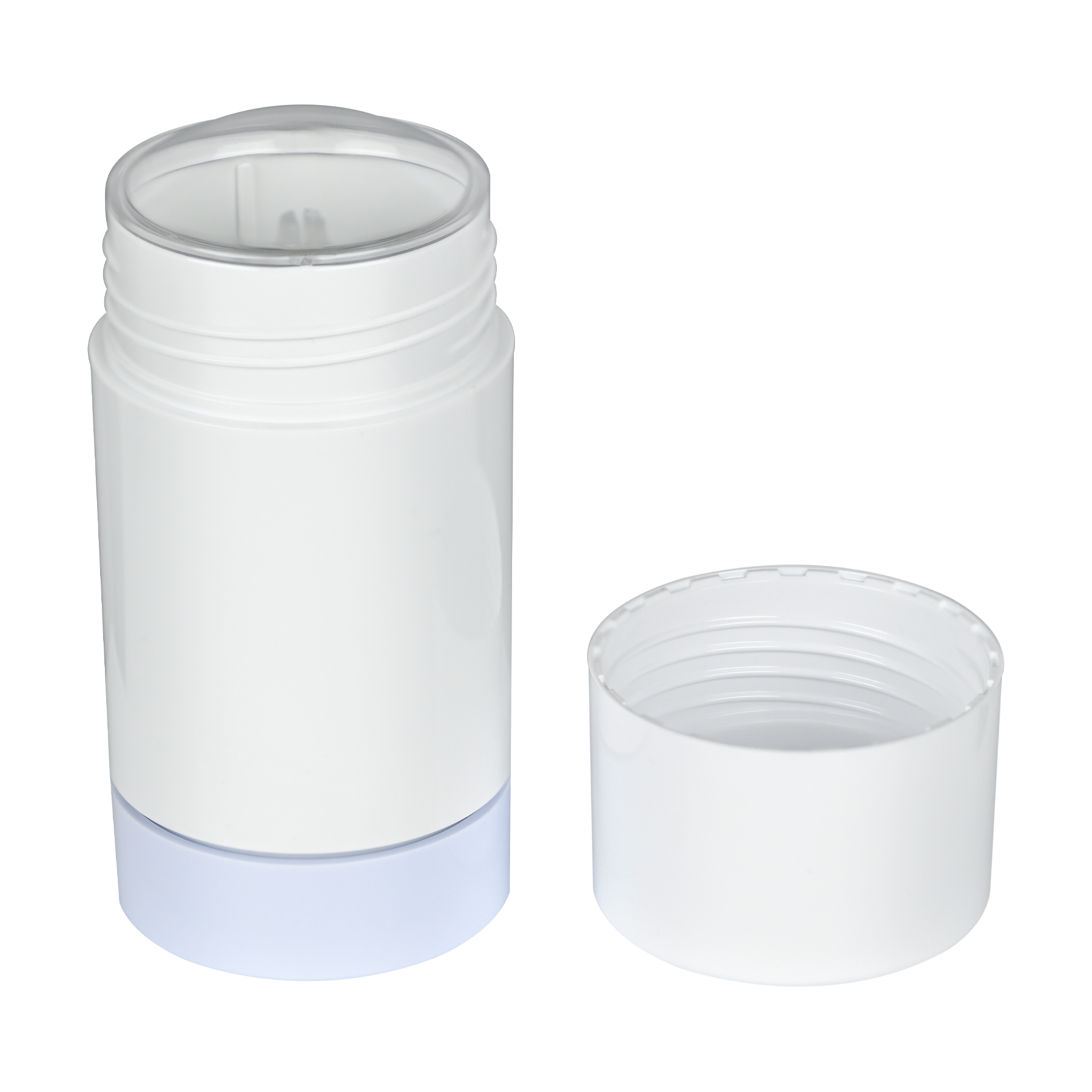 FC125002(2) 50g White Plastic Twist Up Solid Stick with White Screw Cap & Disc, cap removed tilted view