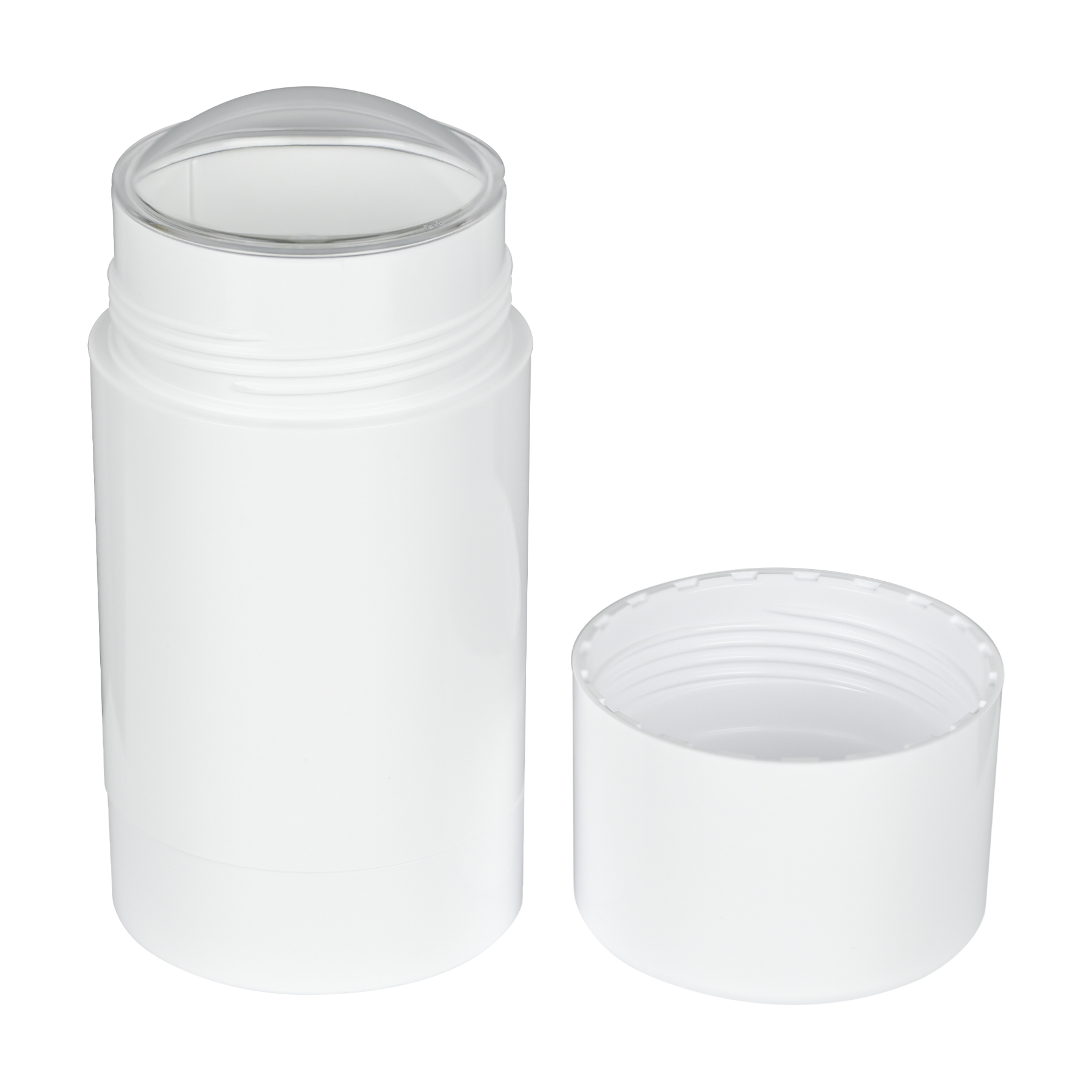 75g White Plastic Twist Up Solid Stick with White Screw Cap & Disc, cap removed tilted view