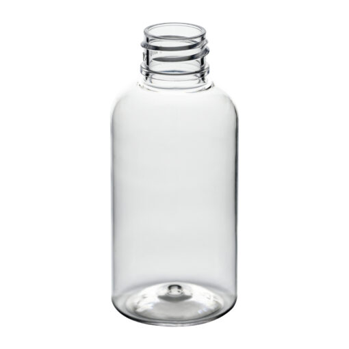 2 oz Clear PET Plastic Boston Round Bottle 20-410 Neck Finish tilted view