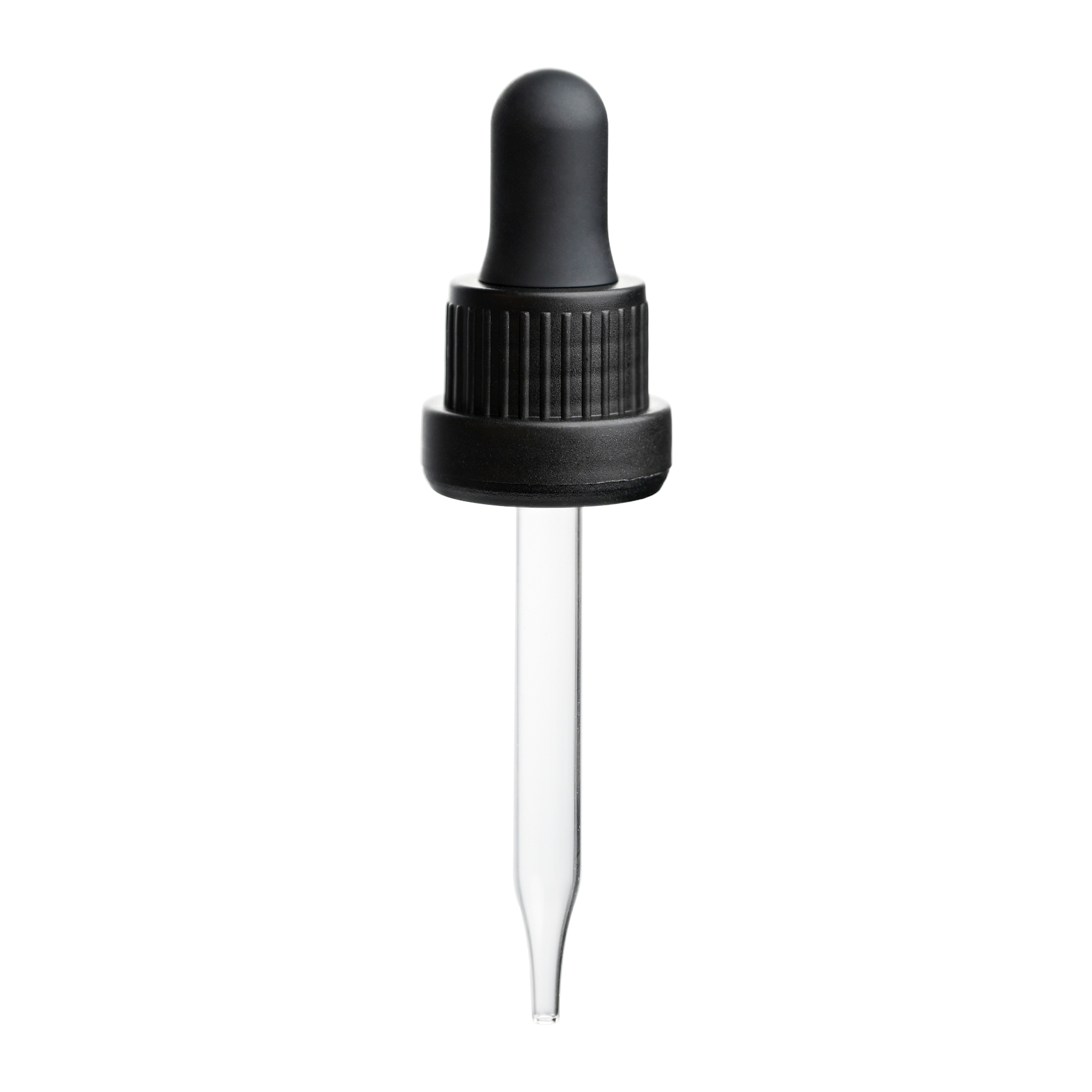 18-415 Black PP Plastic Heavy Duty Tamper Evident Ribbed Skirt Dropper NRB with 77mm Straight Glass Pipette