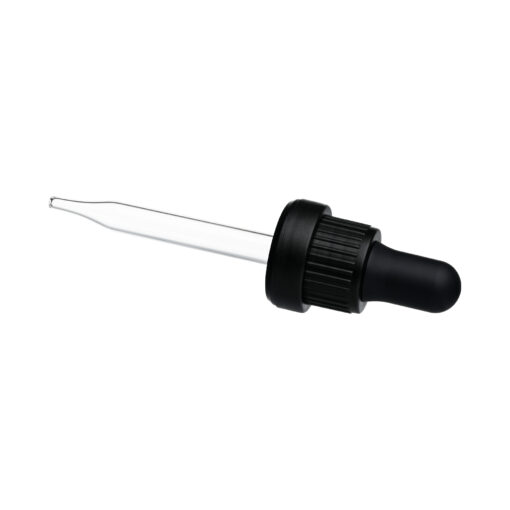 18-415 Black PP Plastic Heavy Duty Tamper Evident Ribbed Skirt Dropper NRB with 77mm Straight Glass Pipette